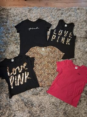 Victoria's Secret PINK Tee & Tank Bundle Leopard Bling Sequins Med/Large + Gift